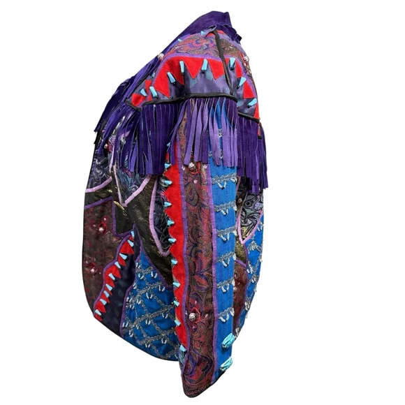 Vintage Judith Roberts Mexico Patchwork Fringe Jacket Beaded Western L/XL - Picture 13 of 16